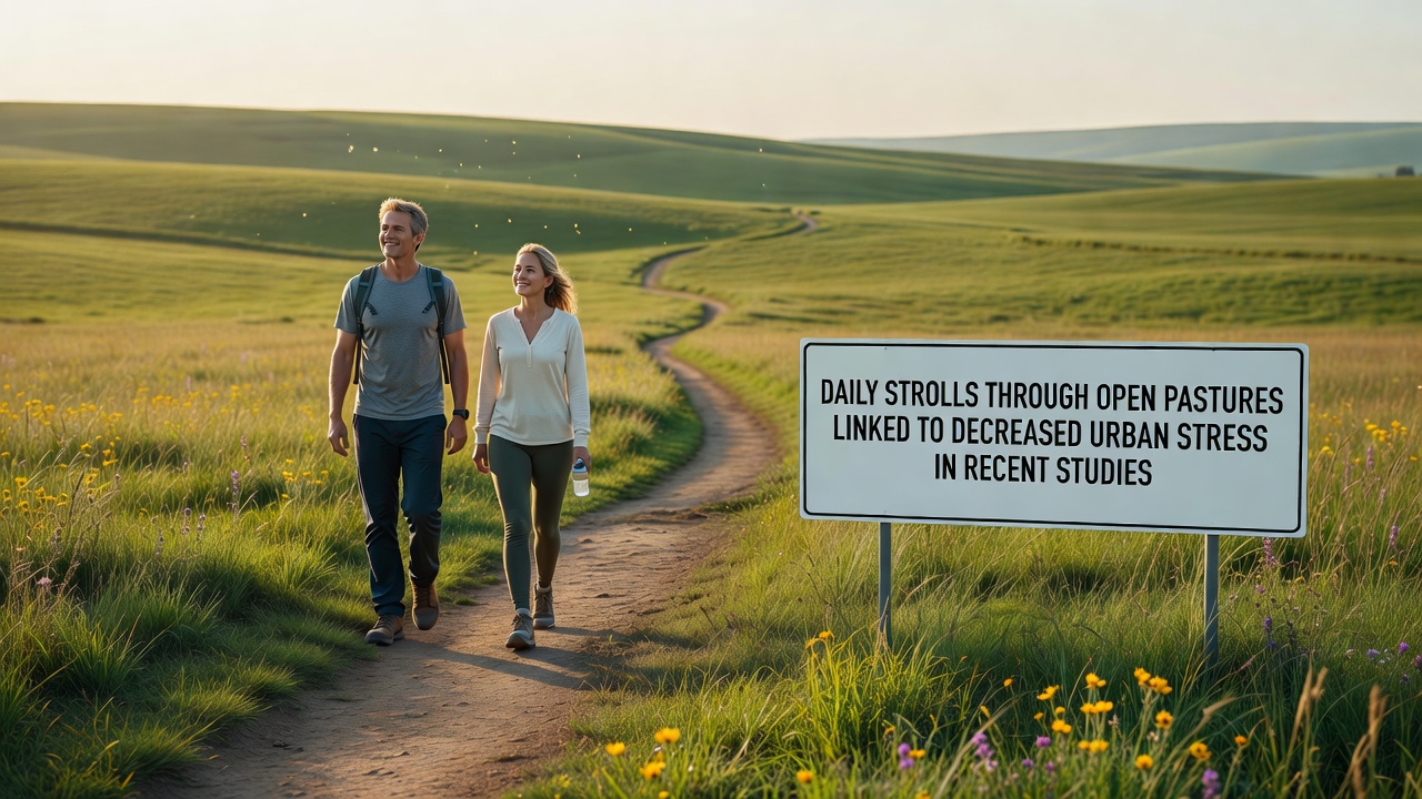 Wide landscape view of open pastures where urban residents walk along paths surrounded by meadows and wildflowers