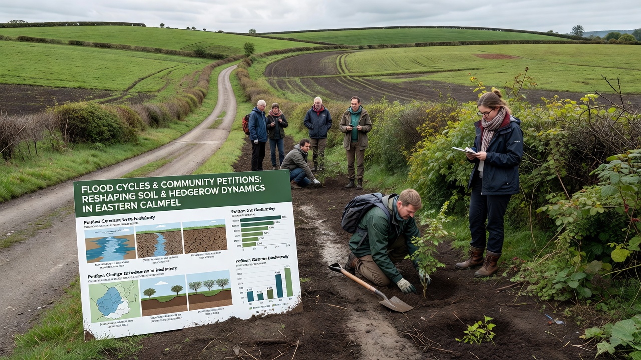 Close-up of soil profiles and hedgerow roots exposed after seasonal flooding in Calmfeld Plains